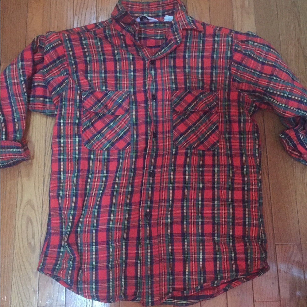 Red plaid flannel button down shirt